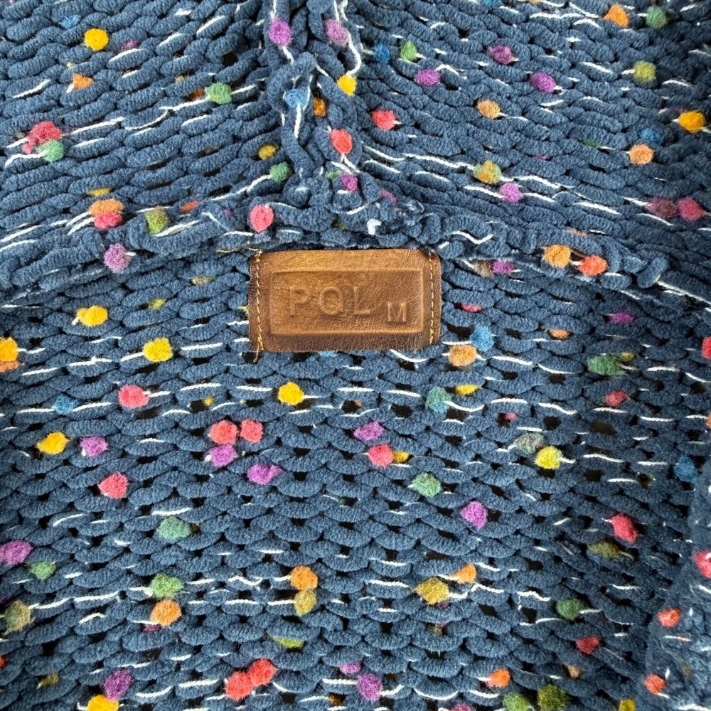 POL Knit Hoodie Women Medium Blue Confetti PomPom Chunky Colorful Boho Pullover - Picture 5 of 9